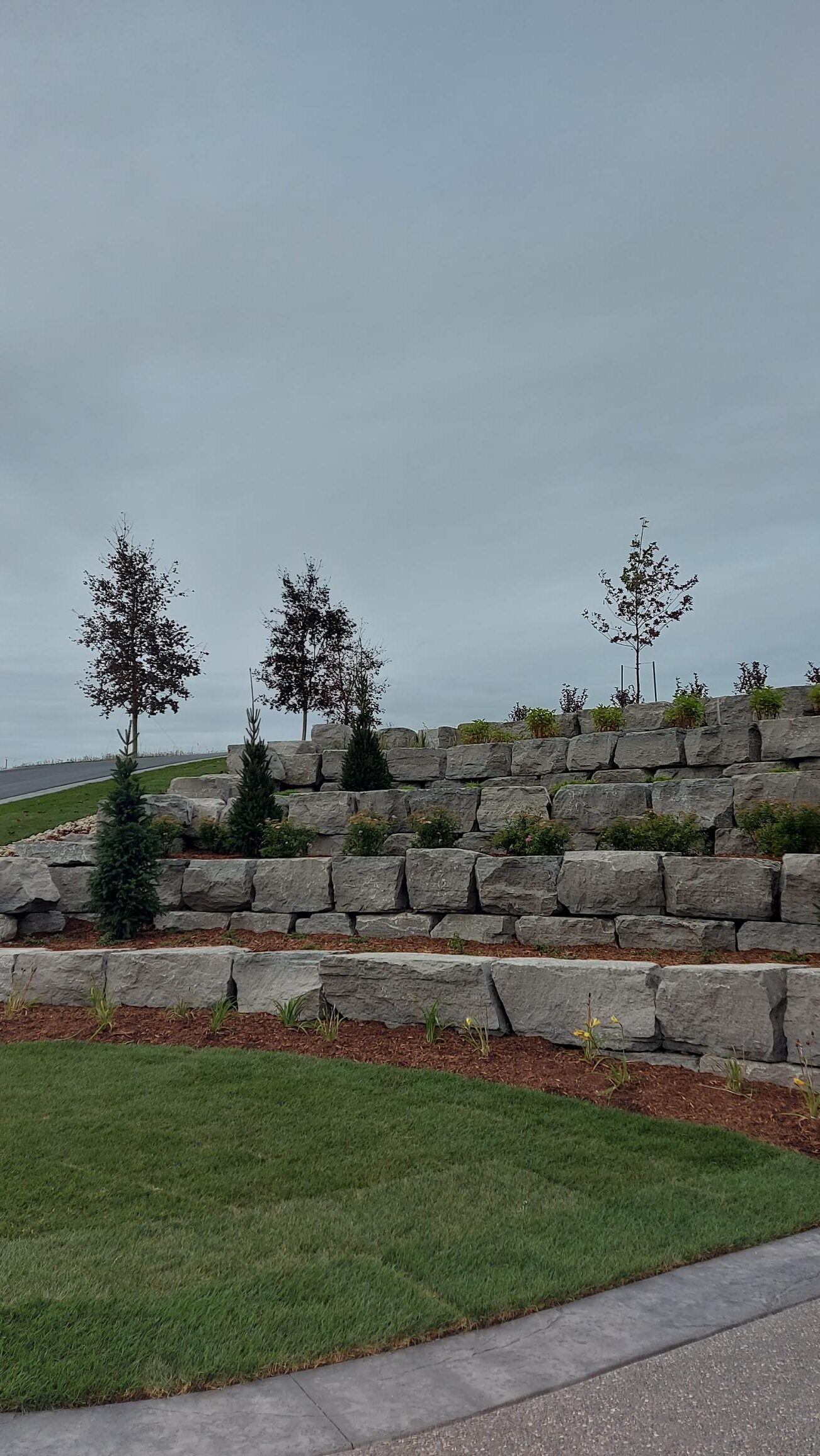 Terraced stone landscaping with small trees and shrubs. Fresh green grass and mulched areas under a cloudy sky create a peaceful, natural setting.