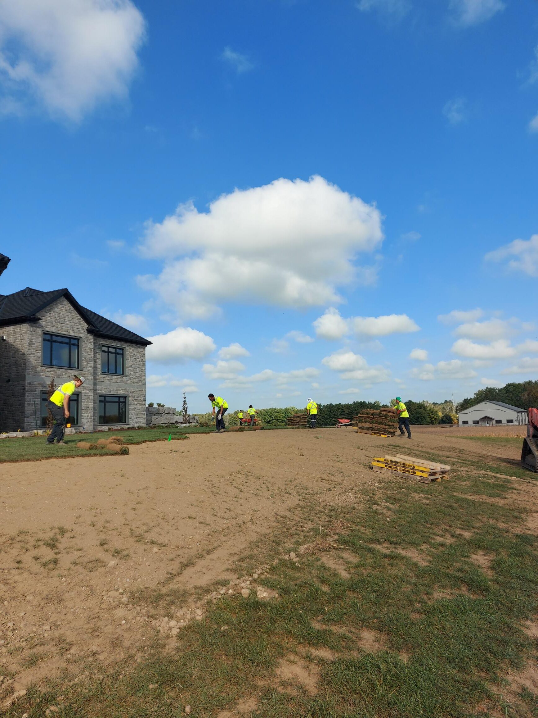 People in yellow vests are laying sod on a large yard near a stone building under a clear blue sky.