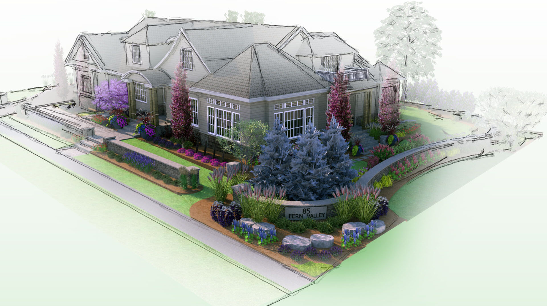 A digitally rendered landscape design showcasing a residential garden with vibrant flowers, shrubs, and a house labeled "85 Fern Valley."