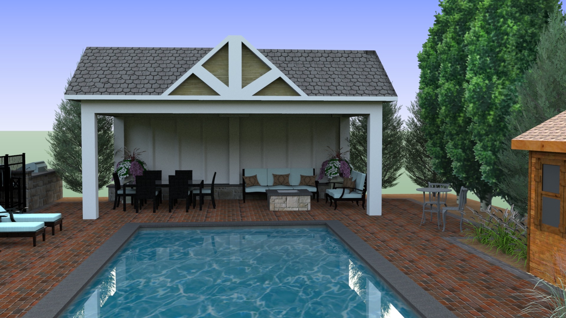 A backyard features a swimming pool, shaded seating area, dining table, and lush greenery, creating a relaxing outdoor retreat.