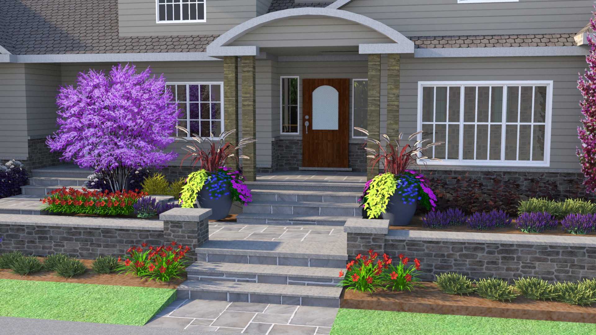 A welcoming home entrance with gray steps, vibrant potted plants, colorful flowers, and a striking purple tree beside a wooden door.