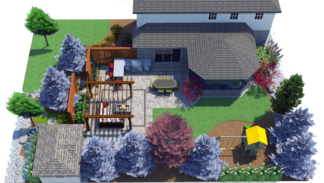 Aerial view of a landscaped backyard with a patio, outdoor seating, pergola, swing set, trees, and a small shed beside a house.