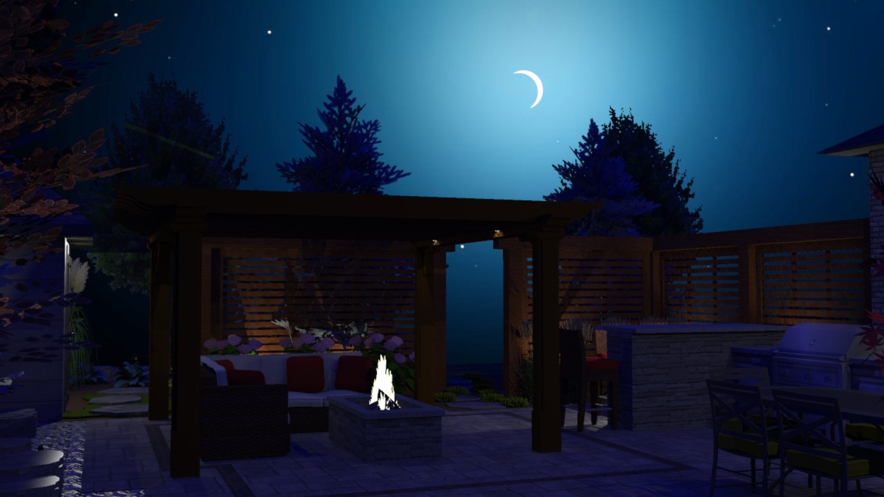 Under a crescent moon, a cozy outdoor patio features a wooden pergola, fire pit, and seating area surrounded by trees and ambient lighting.