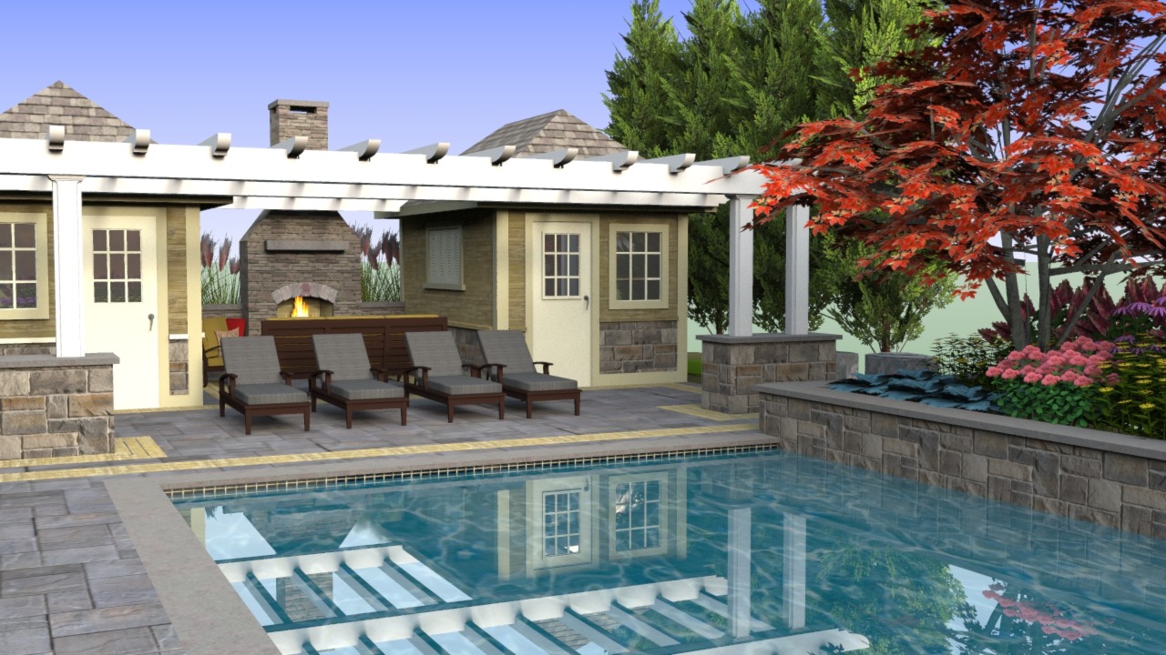 Outdoor patio with chairs, pool, and fireplace, surrounded by lush greenery and colorful plants, under clear blue sky with a pergola overhead.