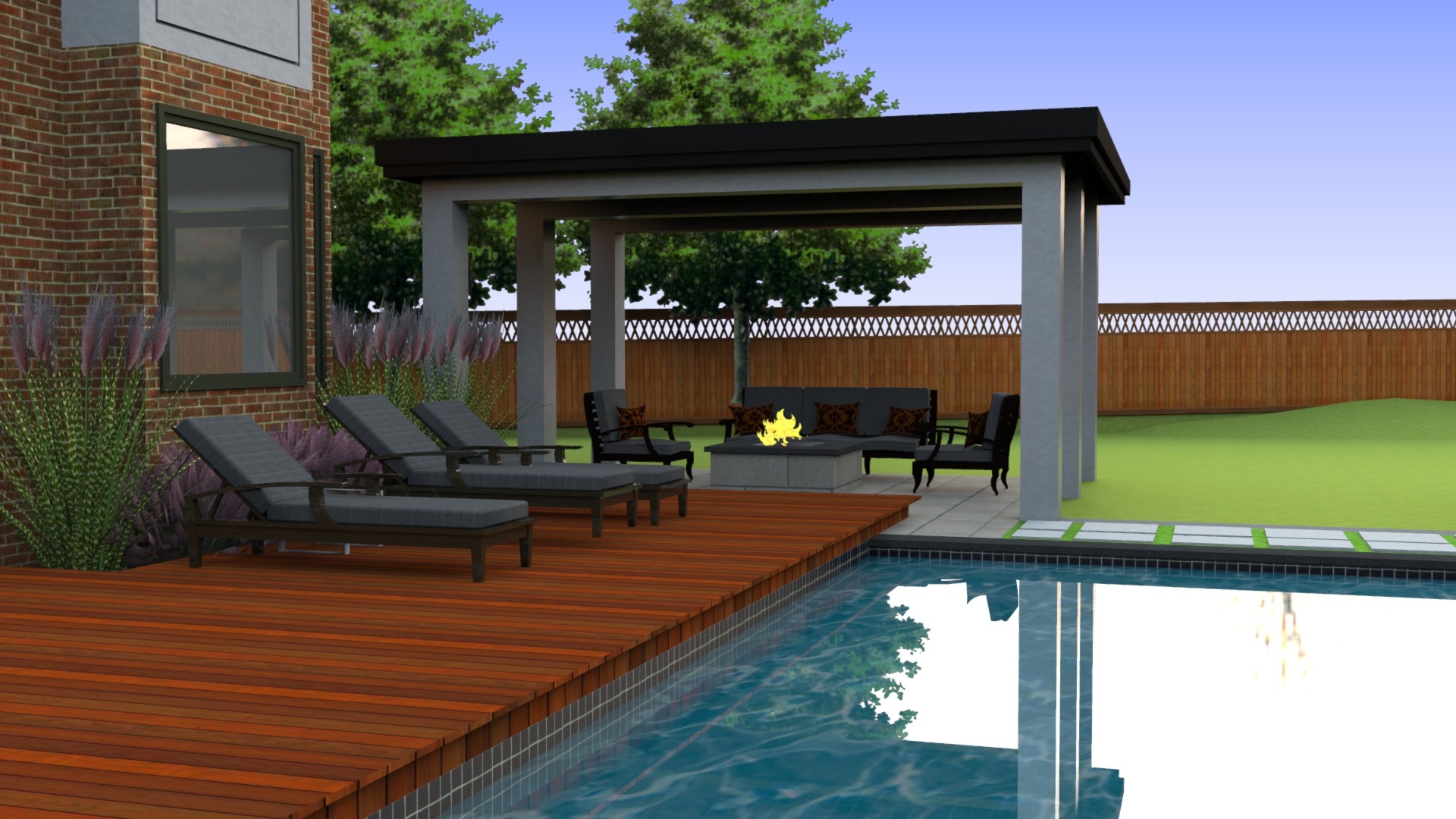 A modern backyard with a pool, wooden deck, lounge chairs, and a fire pit under a pergola surrounded by trees and a fence.