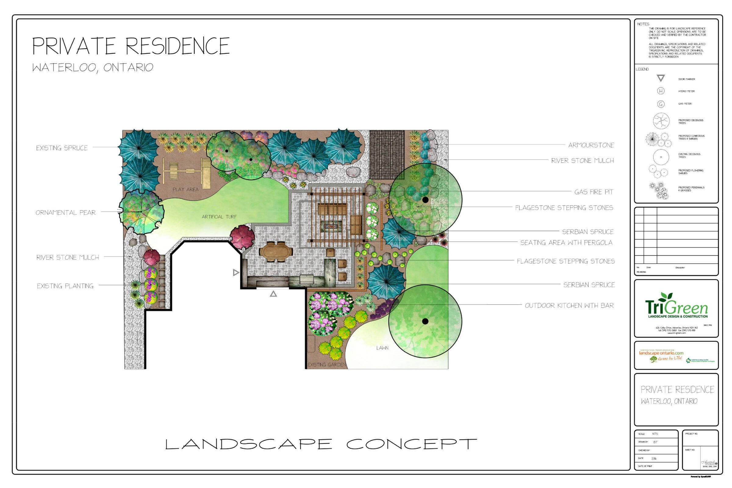 Landscape concept for a private residence in Waterloo, Ontario, featuring ornamental plants, artificial turf, outdoor kitchen, seating area, and play area.