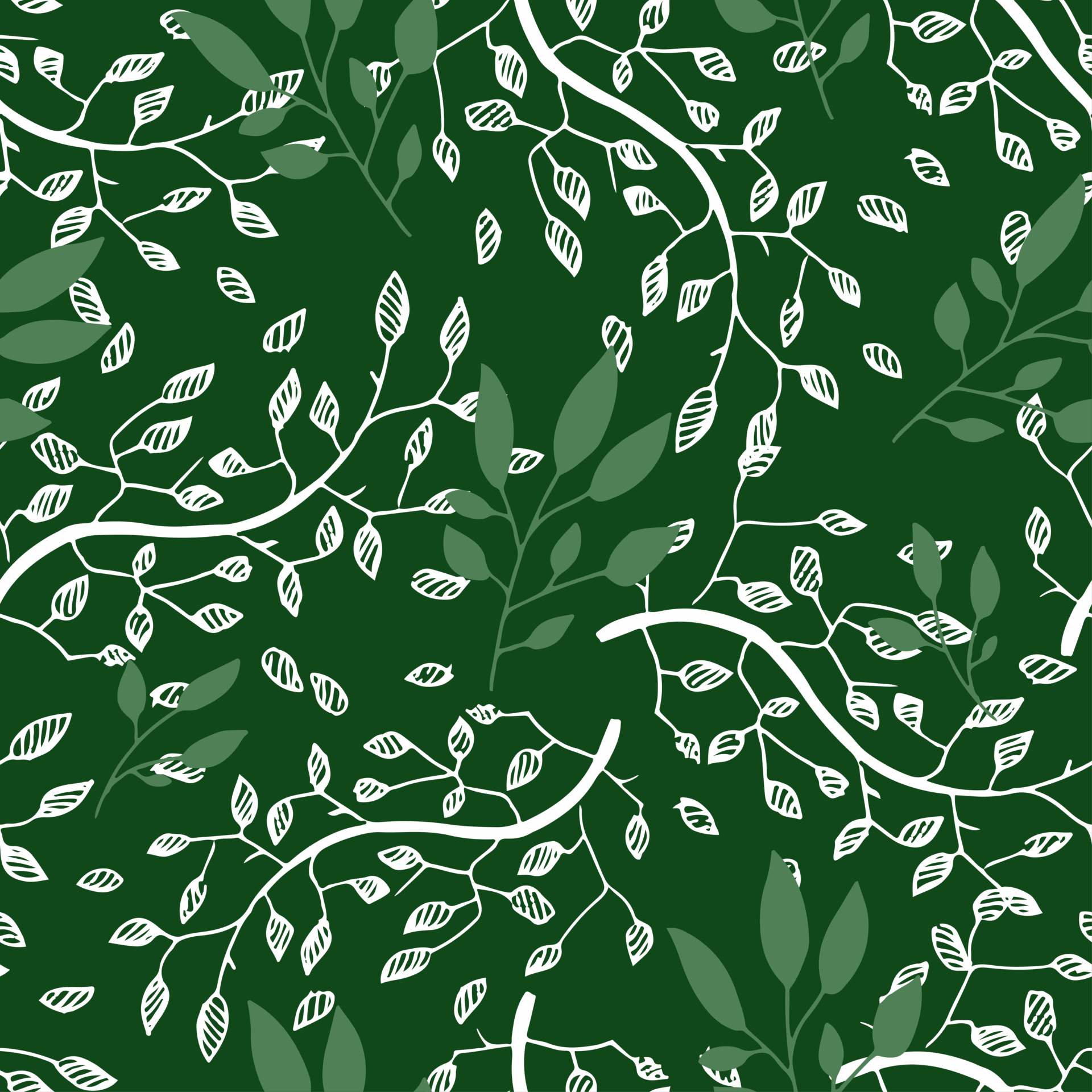 Intricate pattern of white and green leaves and branches on a deep green background, creating an organic, natural design aesthetic.