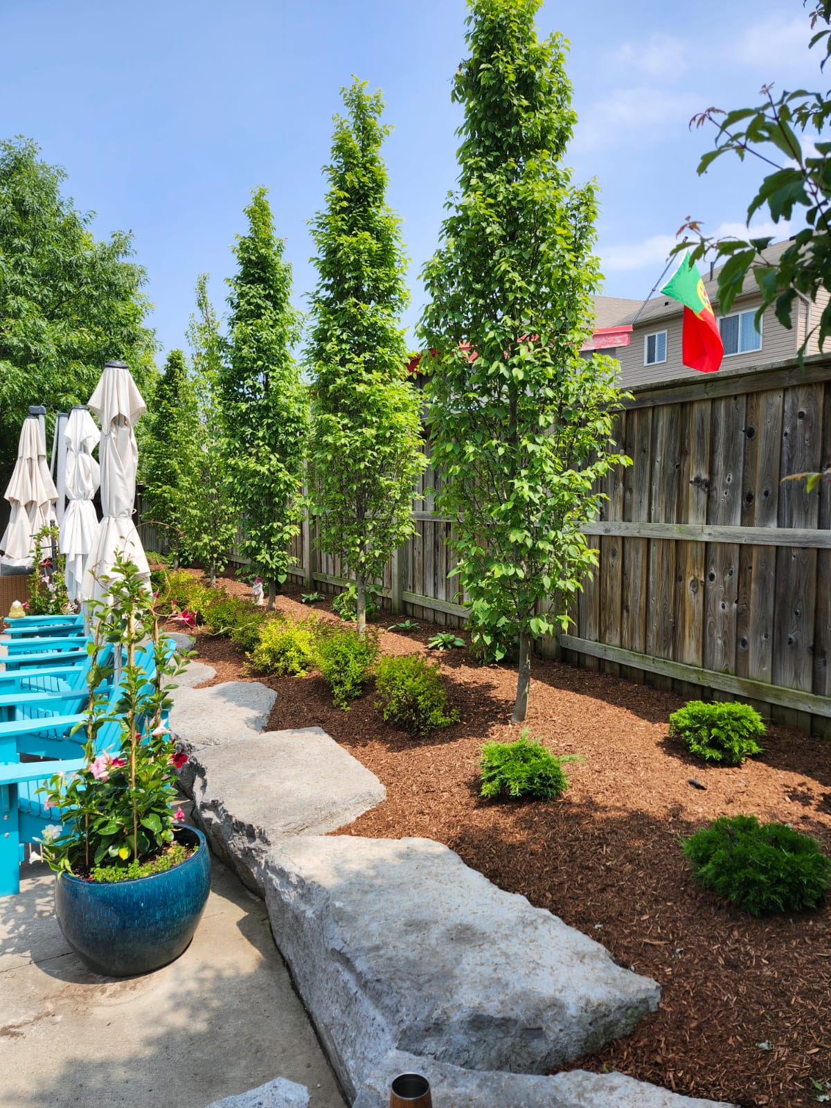 A garden with blue chairs, potted plants, a wooden fence, trees, and a Portuguese flag against a clear blue sky.