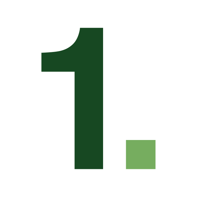 A green number one with a small green square beneath, set against a white background, symbolizing a point or item in a list.