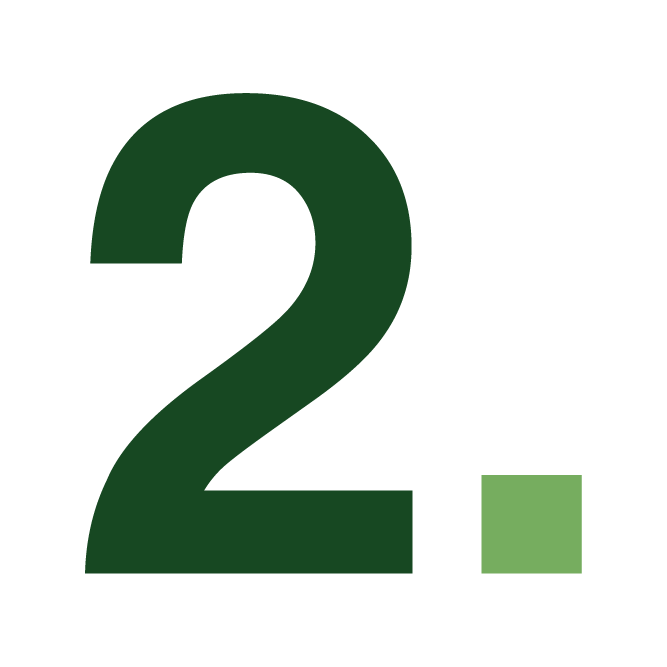 Large dark green number two with a small light green square on a white background.