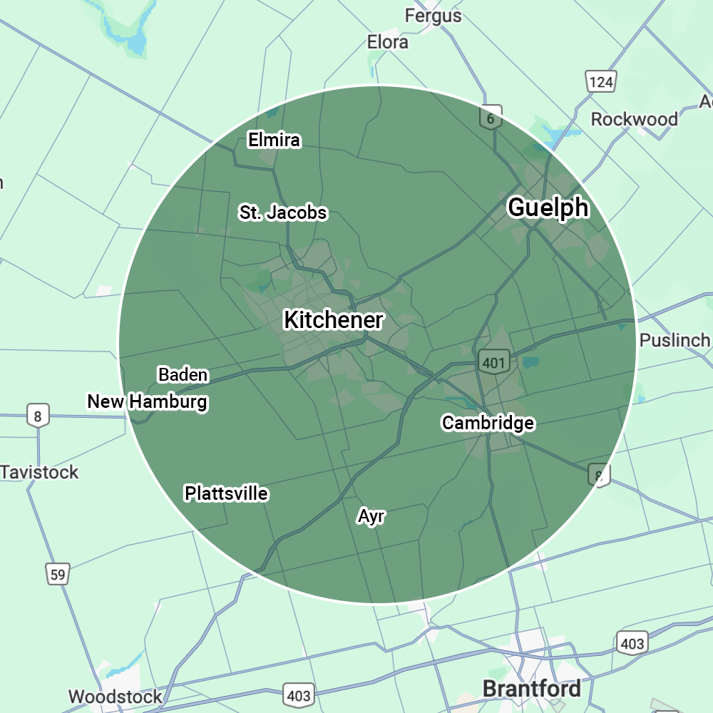 A map showing Kitchener, Guelph, Cambridge, and surrounding areas in Ontario, Canada, highlighted by a green circular overlay.