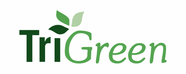 The image displays the "TriGreen" logo with stylized green leaves placed above the letters against a solid transparent background.