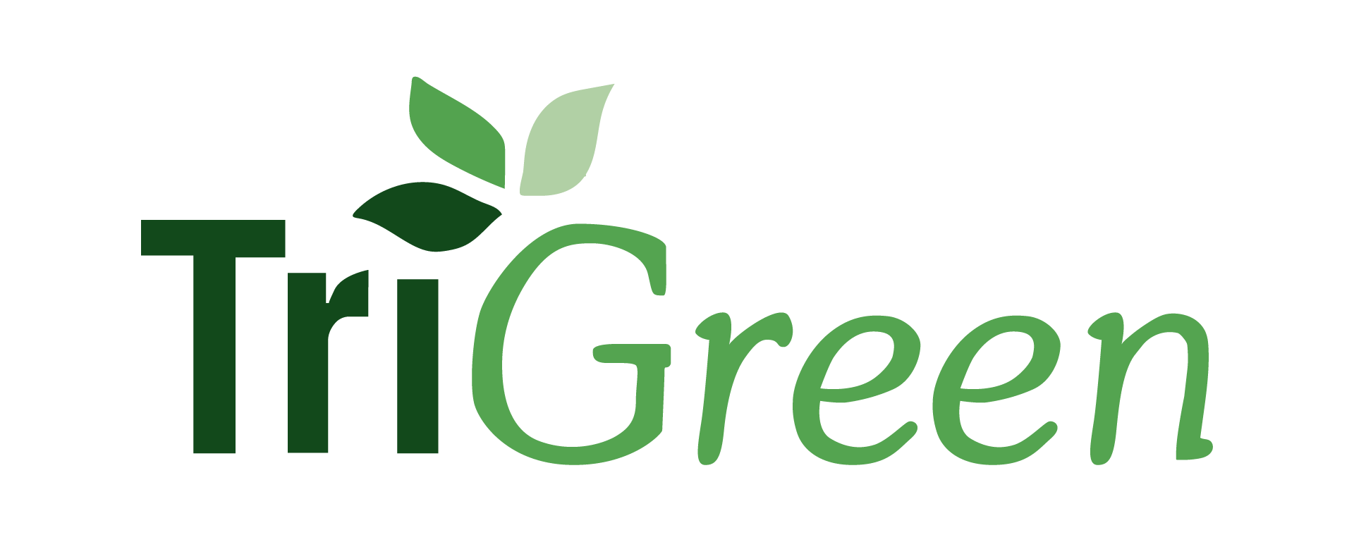 The image displays the "TriGreen" logo with stylized green leaves placed above the letters against a solid transparent background.