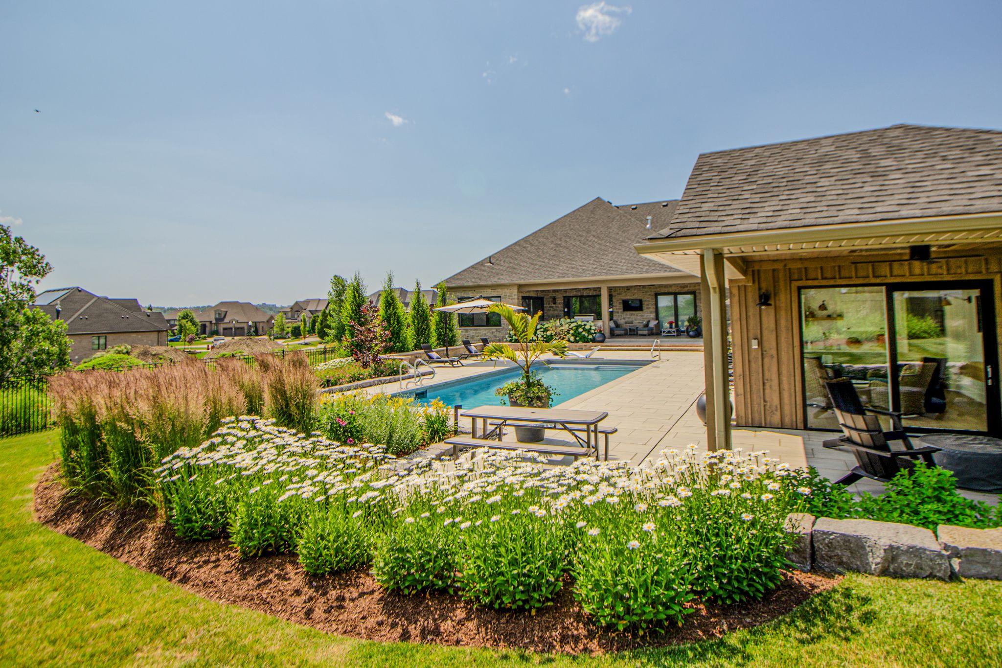 A backyard pool and patio on a sunny day.