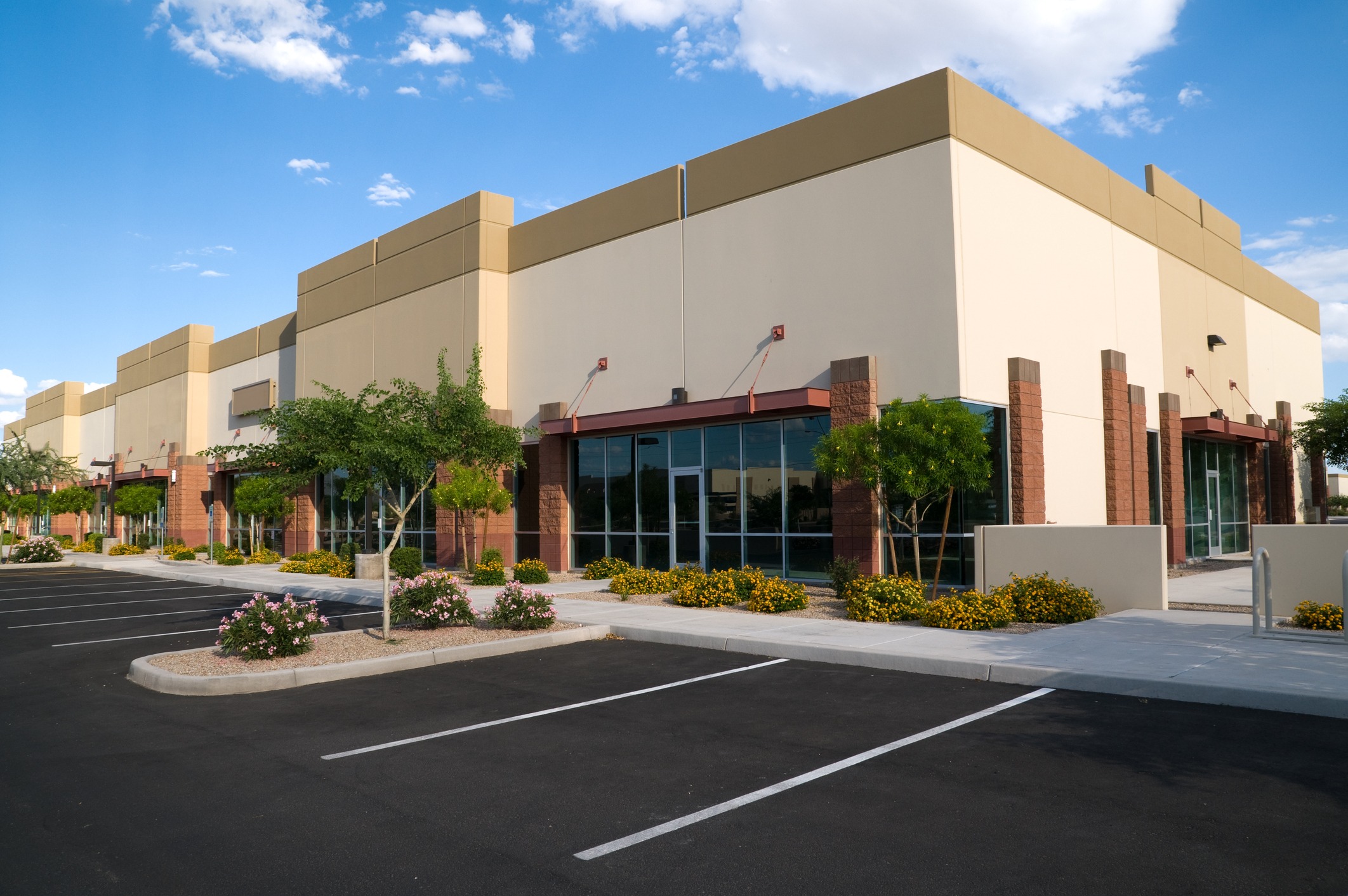 Modern commercial building with large windows, surrounded by trees and flowers, in an empty parking lot under a clear blue sky.